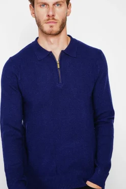 Pull polo demi zippé bleu nuit-C&Jo Discount