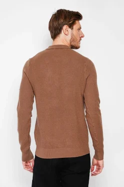 Pull polo demi zippé marron-C&Jo