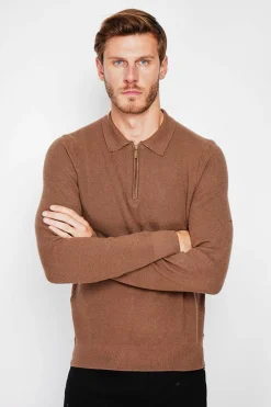 Pull polo demi zippé marron-C&Jo