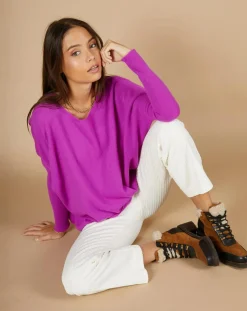 Pull poncho 100% Cachemire Alizée col rond violet fluo-Cashmere Tribu Clearance