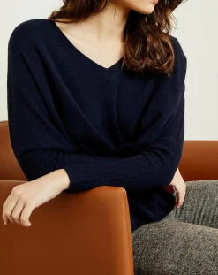 Pull poncho 100% Cachemire Axelle Col V bleu marine-Miss Cashmere Discount