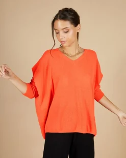 Pull poncho 100% Cachemire Emma col V corail fluo-Cashmere Tribu Online