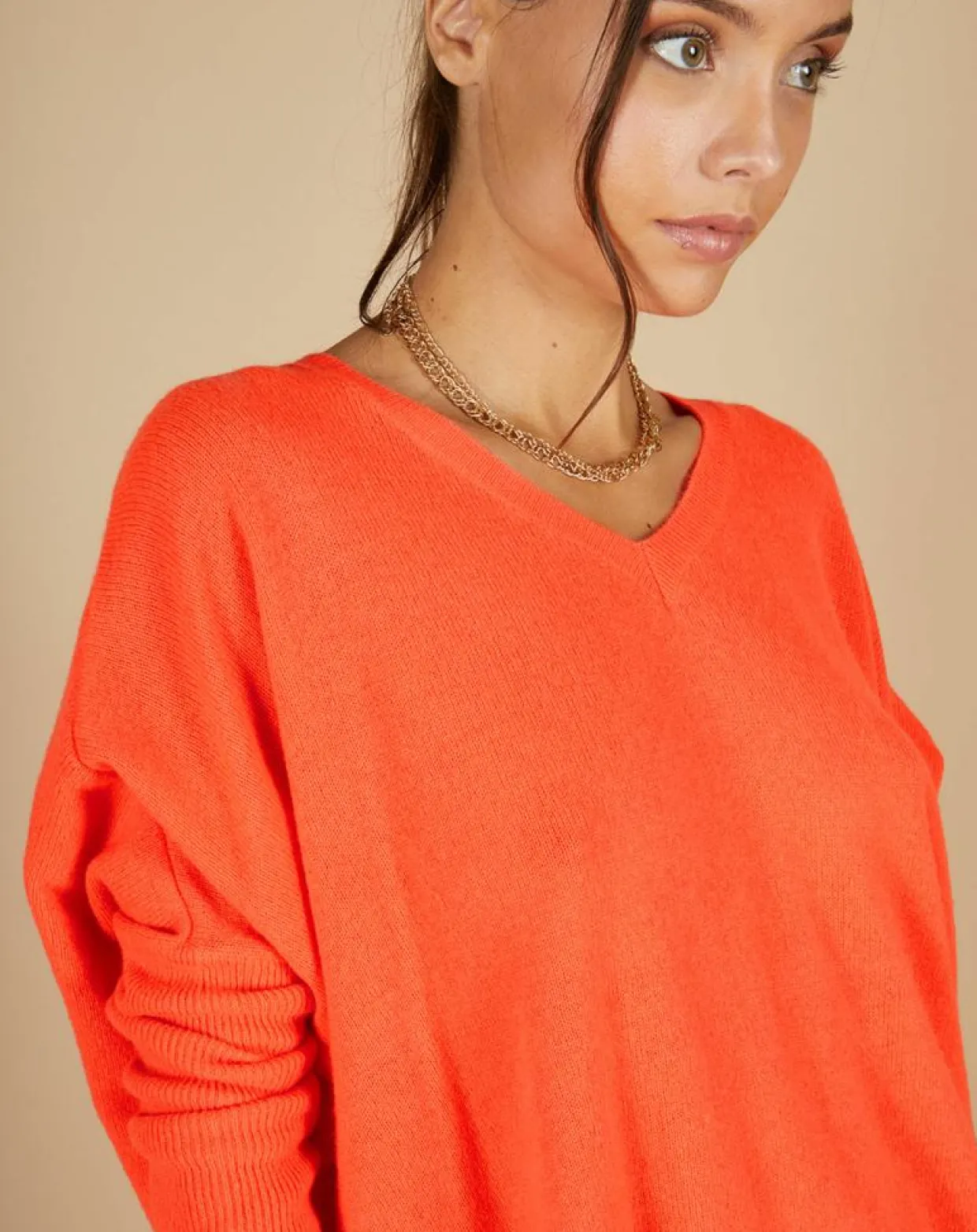 Pull poncho 100% Cachemire Emma col V corail fluo-Cashmere Tribu Online