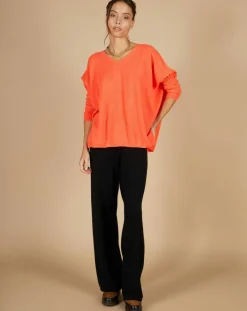 Pull poncho 100% Cachemire Emma col V corail fluo-Cashmere Tribu Online