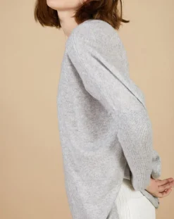 Pull poncho 100% Cachemire Emma col V gris chiné clair-Cashmere Tribu Online