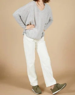 Pull poncho 100% Cachemire Emma col V gris chiné clair-Cashmere Tribu Online
