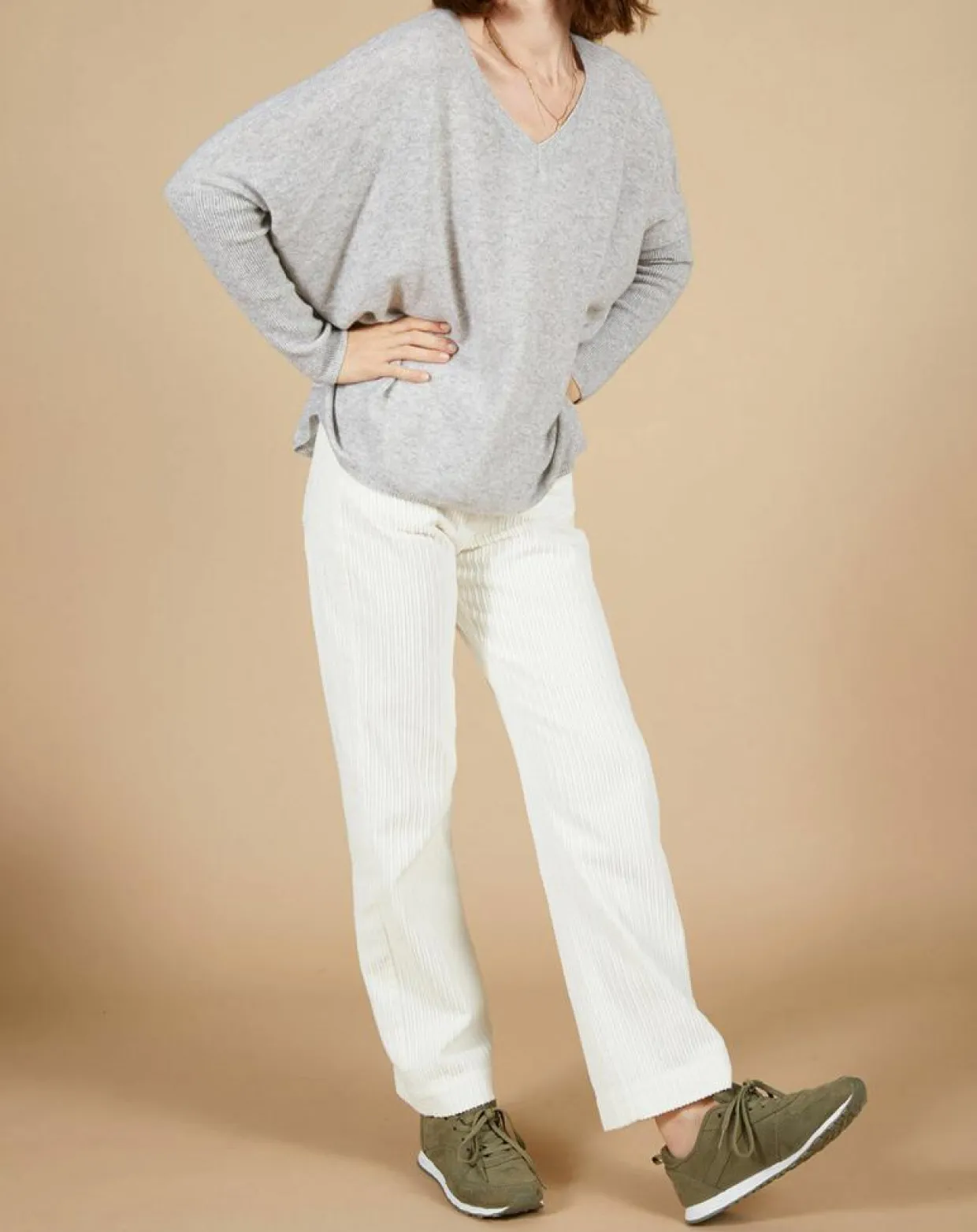 Pull poncho 100% Cachemire Emma col V gris chiné clair-Cashmere Tribu Online