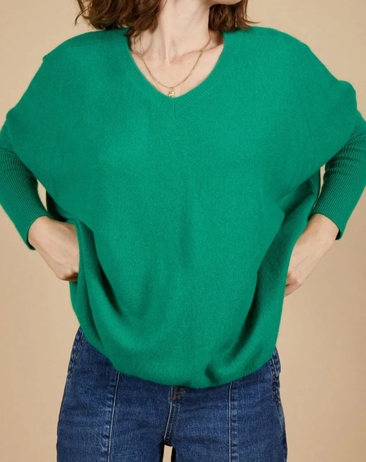 Pull poncho 100% Cachemire Emma col V vert impérial-Cashmere Tribu Outlet