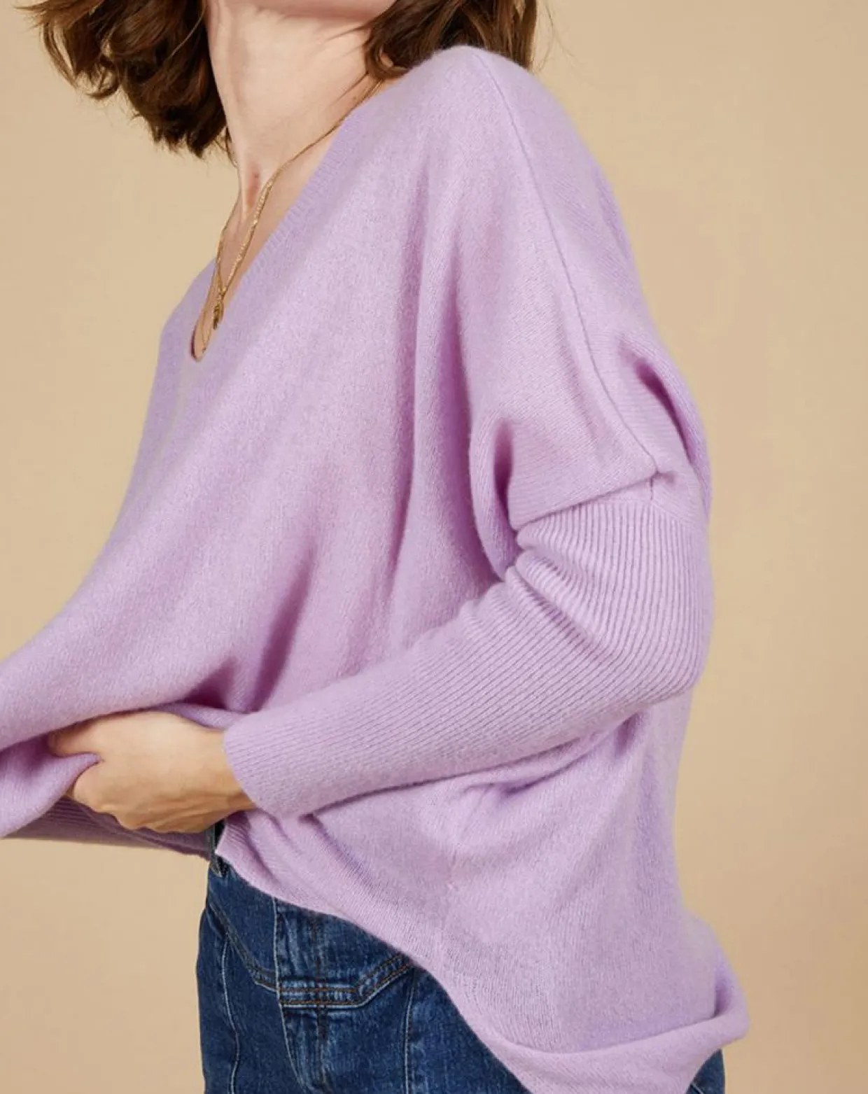 Pull poncho 100% Cachemire Emma col V glycine-Cashmere Tribu Sale