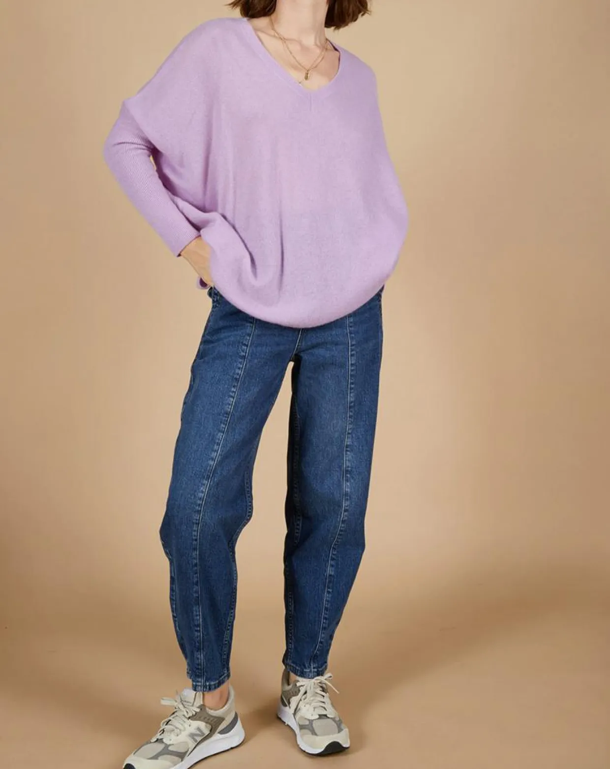 Pull poncho 100% Cachemire Emma col V glycine-Cashmere Tribu Sale