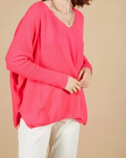 Pull poncho 100% Cachemire Emma col V rose fluo-Cashmere Tribu New