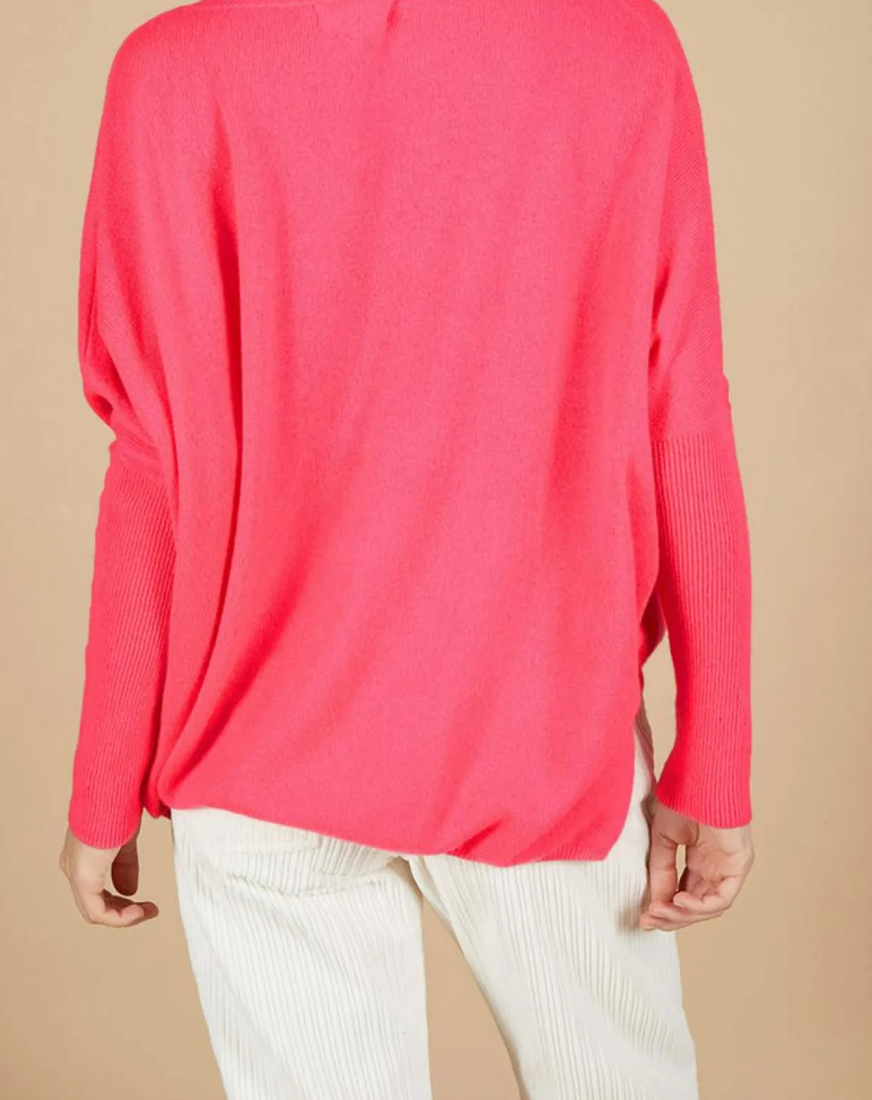 Pull poncho 100% Cachemire Emma col V rose fluo-Cashmere Tribu New
