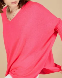 Pull poncho 100% Cachemire Emma col V rose fluo-Cashmere Tribu New