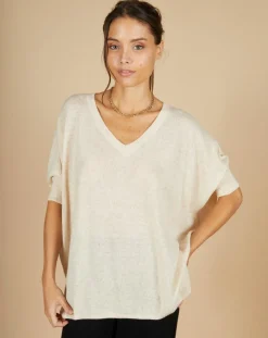 Pull poncho 100% Cachemire Kelly col V manches courtes beige chiné-Cashmere Tribu Sale