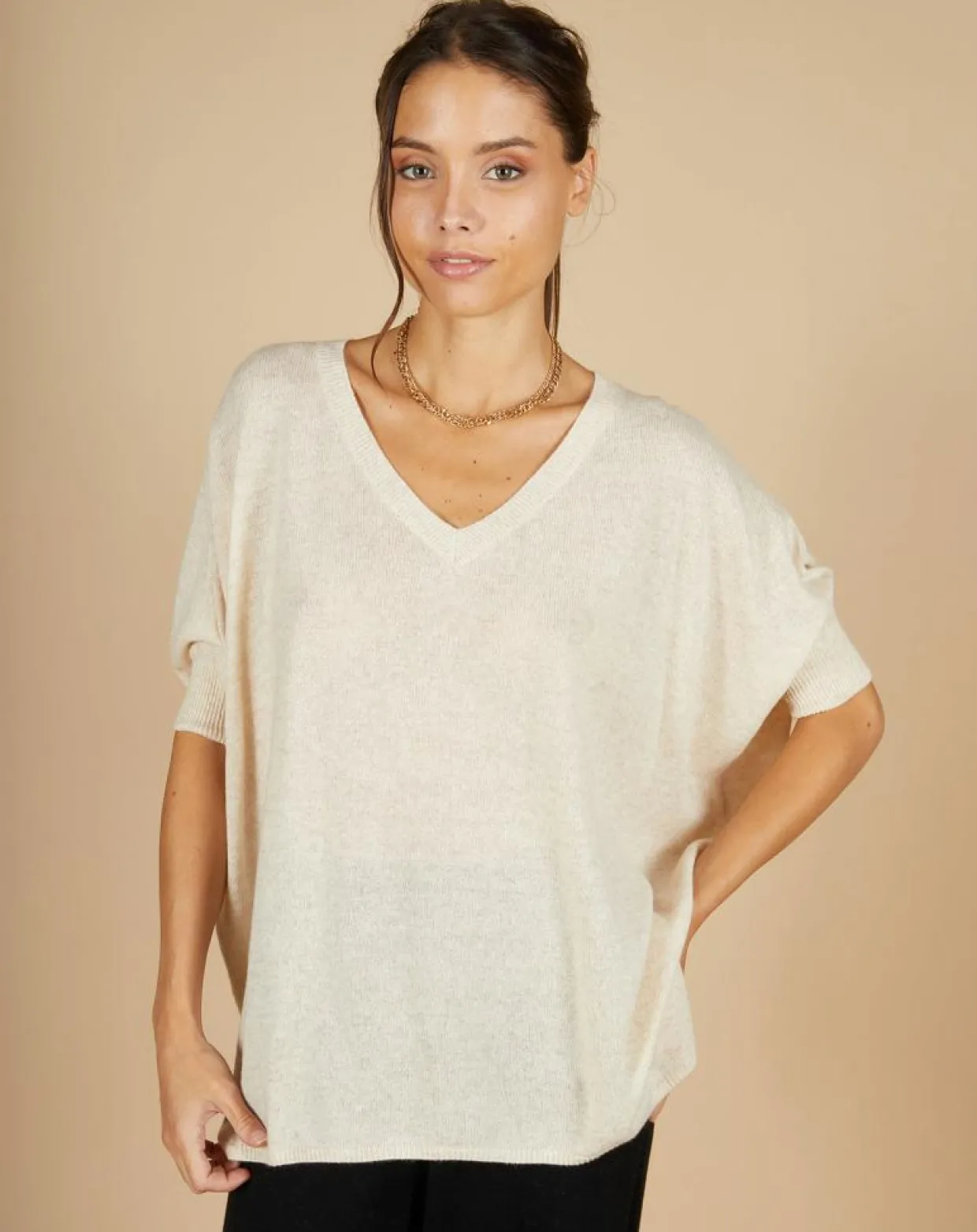 Pull poncho 100% Cachemire Kelly col V manches courtes beige chiné-Cashmere Tribu Sale