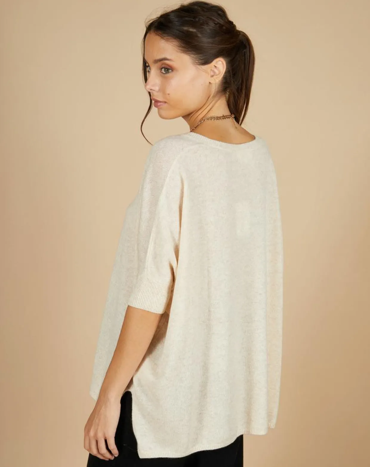 Pull poncho 100% Cachemire Kelly col V manches courtes beige chiné-Cashmere Tribu Sale