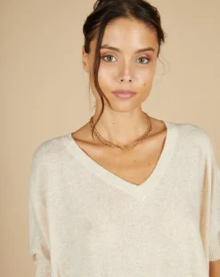 Pull poncho 100% Cachemire Kelly col V manches courtes beige chiné-Cashmere Tribu Sale