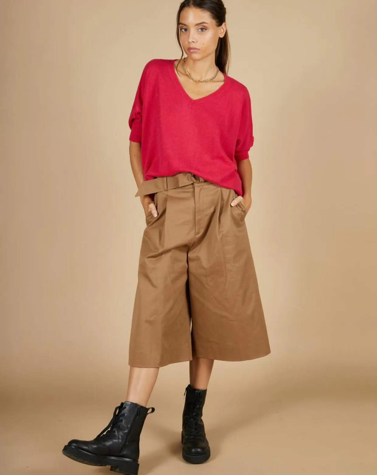 Pull poncho 100% Cachemire Kelly col V manches courtes fuschia-Cashmere Tribu Outlet