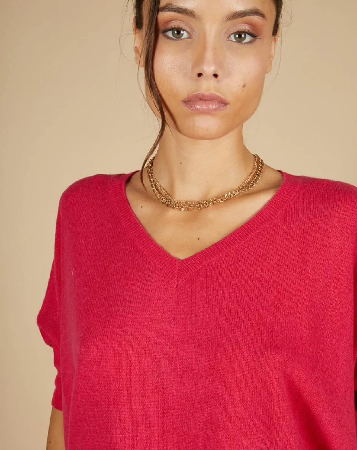 Pull poncho 100% Cachemire Kelly col V manches courtes fuschia-Cashmere Tribu Outlet