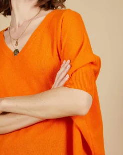 Pull poncho 100% Cachemire Kelly col V manches courtes mangue-Cashmere Tribu Best