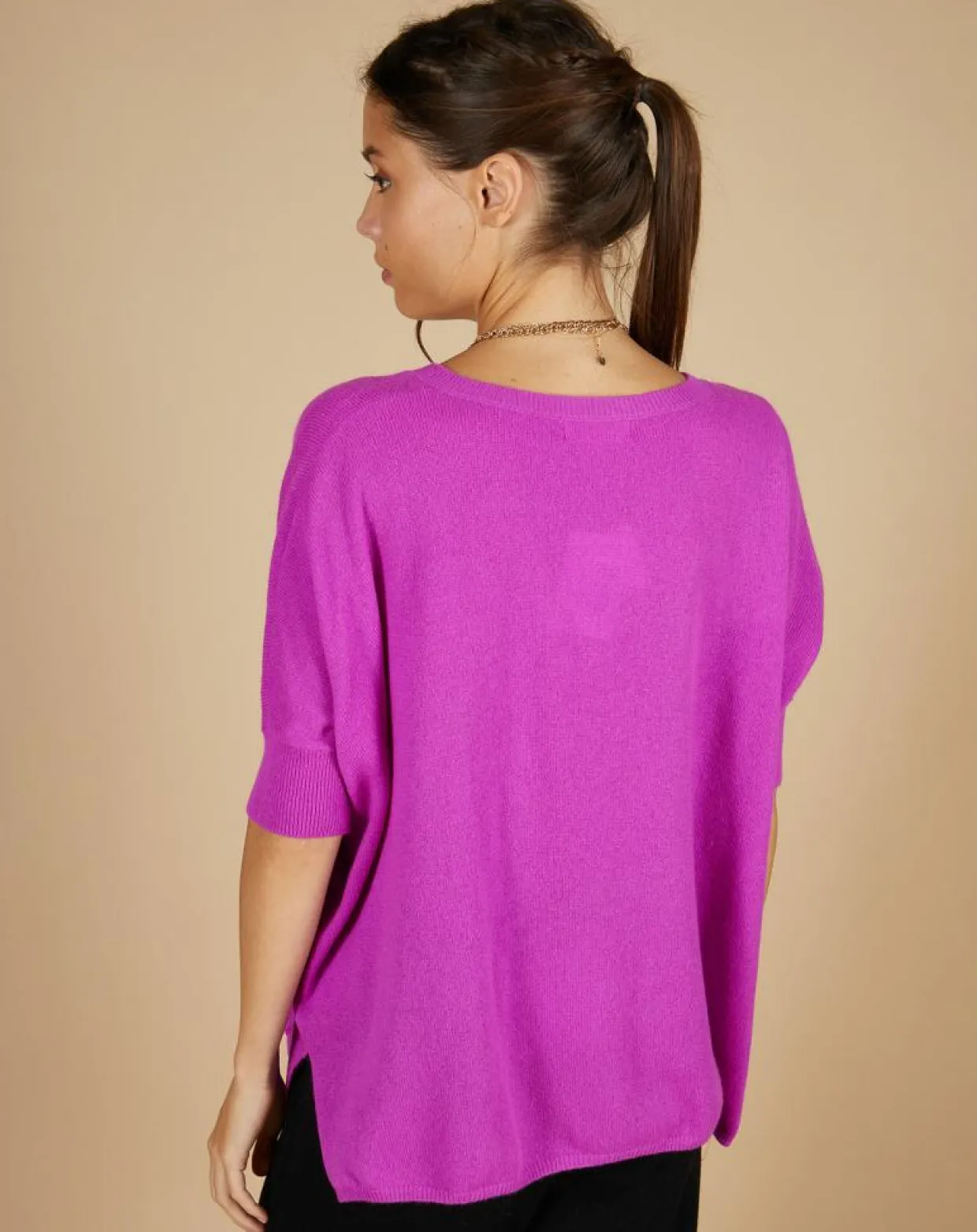 Pull poncho 100% Cachemire Kelly col V manches courtes violet fluo-Cashmere Tribu Sale