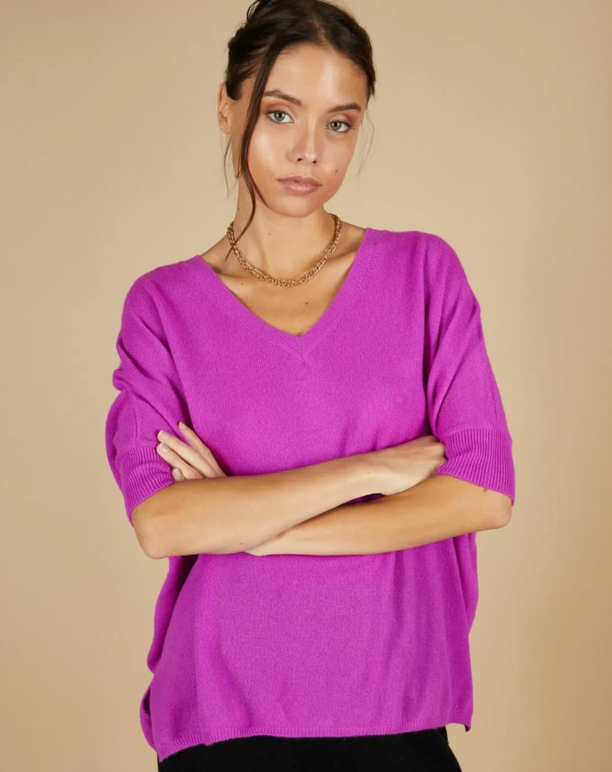 Pull poncho 100% Cachemire Kelly col V manches courtes violet fluo-Cashmere Tribu Sale