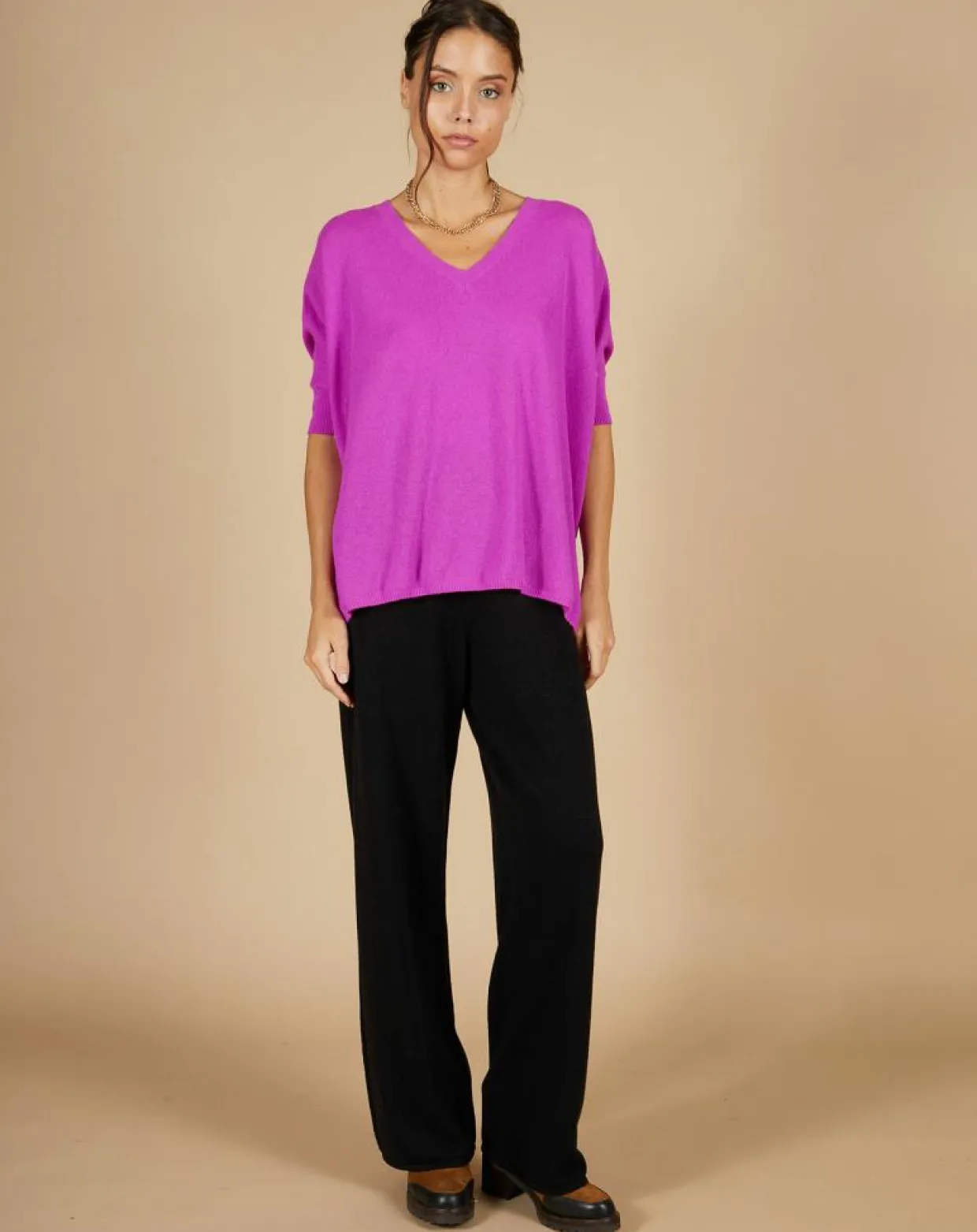 Pull poncho 100% Cachemire Kelly col V manches courtes violet fluo-Cashmere Tribu Sale