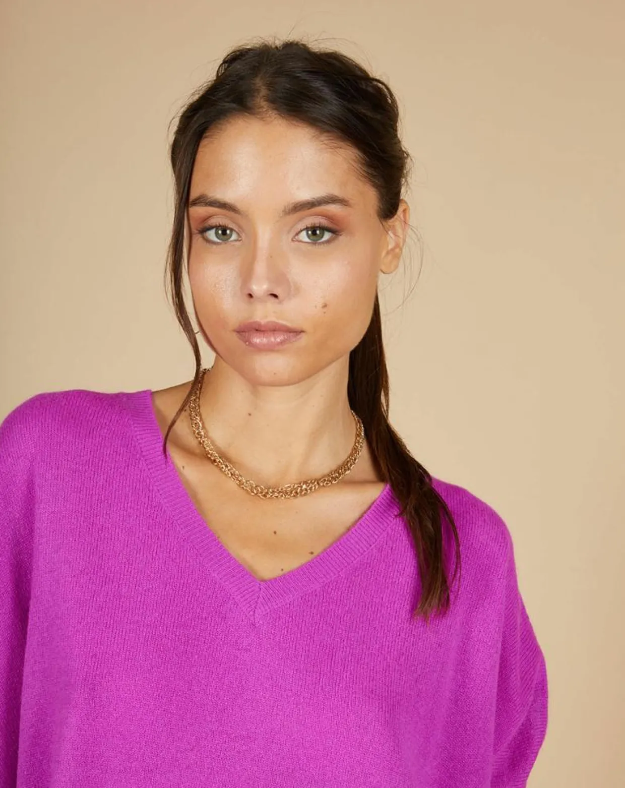 Pull poncho 100% Cachemire Kelly col V manches courtes violet fluo-Cashmere Tribu Sale