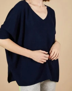 Femme Cashmere Tribu Pulls^Pull poncho 100% Cachemire Kelly col V manches courtes bleu nuit