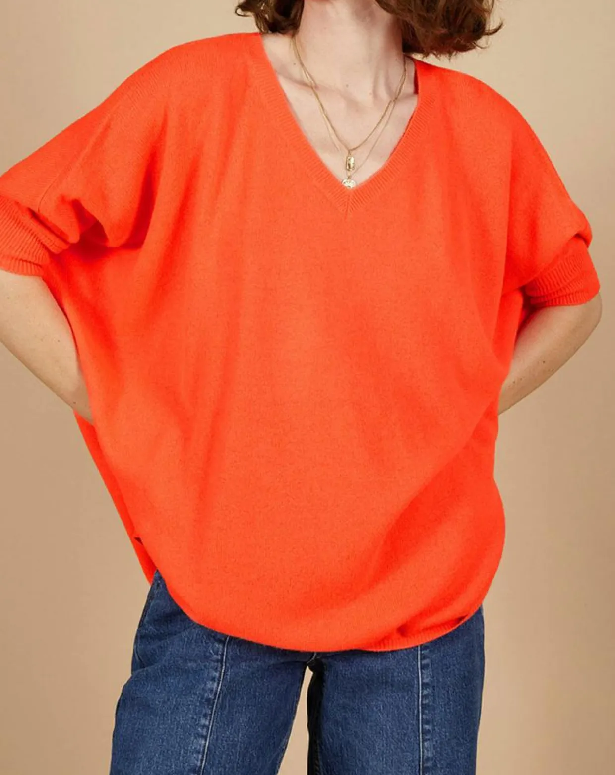 Pull poncho 100% Cachemire Kelly col V manches courtes corail fluo-Cashmere Tribu