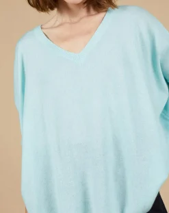 Pull poncho 100% Cachemire Kelly col V manches courtes bleu océan-Cashmere Tribu