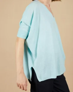 Pull poncho 100% Cachemire Kelly col V manches courtes bleu océan-Cashmere Tribu