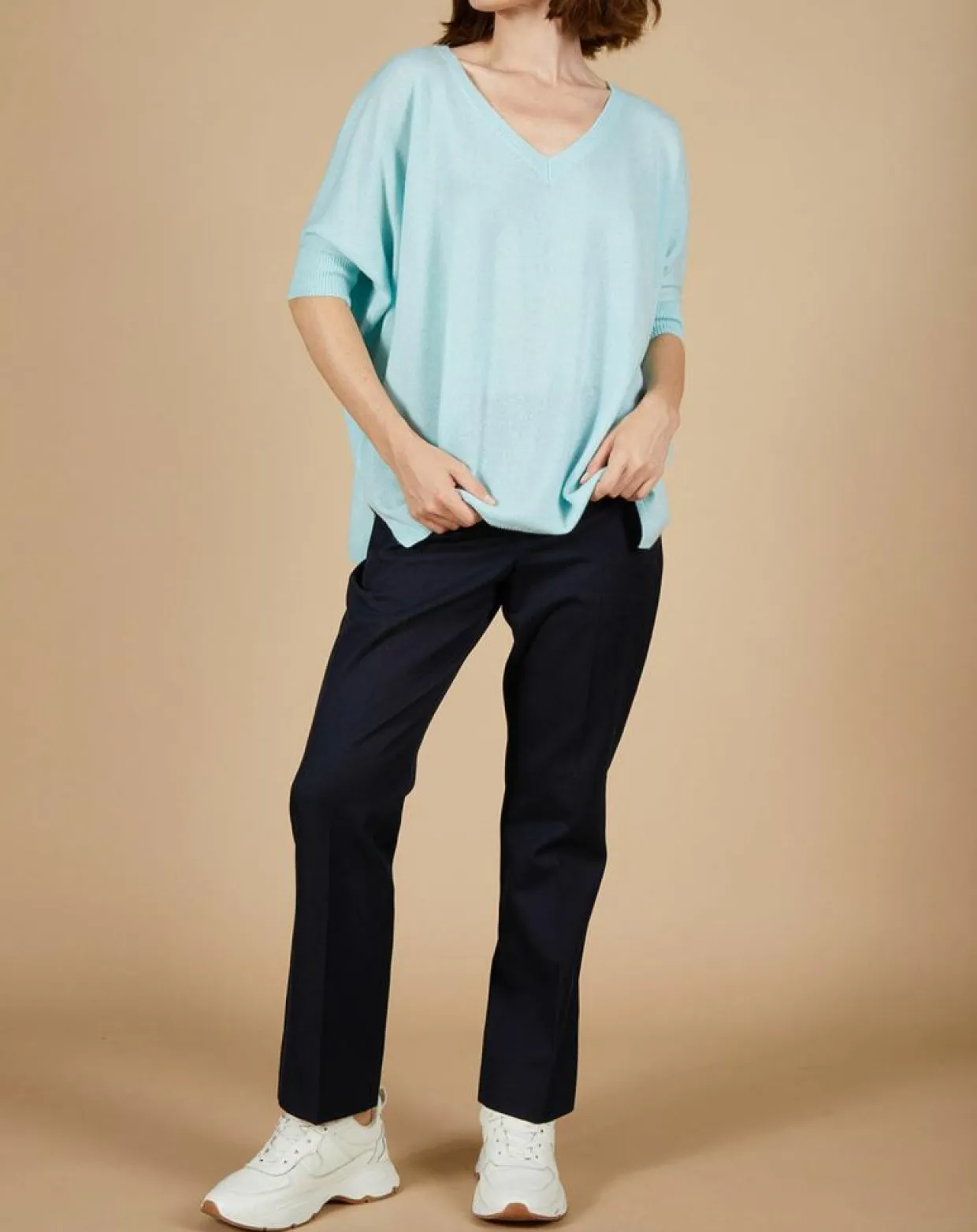 Pull poncho 100% Cachemire Kelly col V manches courtes bleu océan-Cashmere Tribu