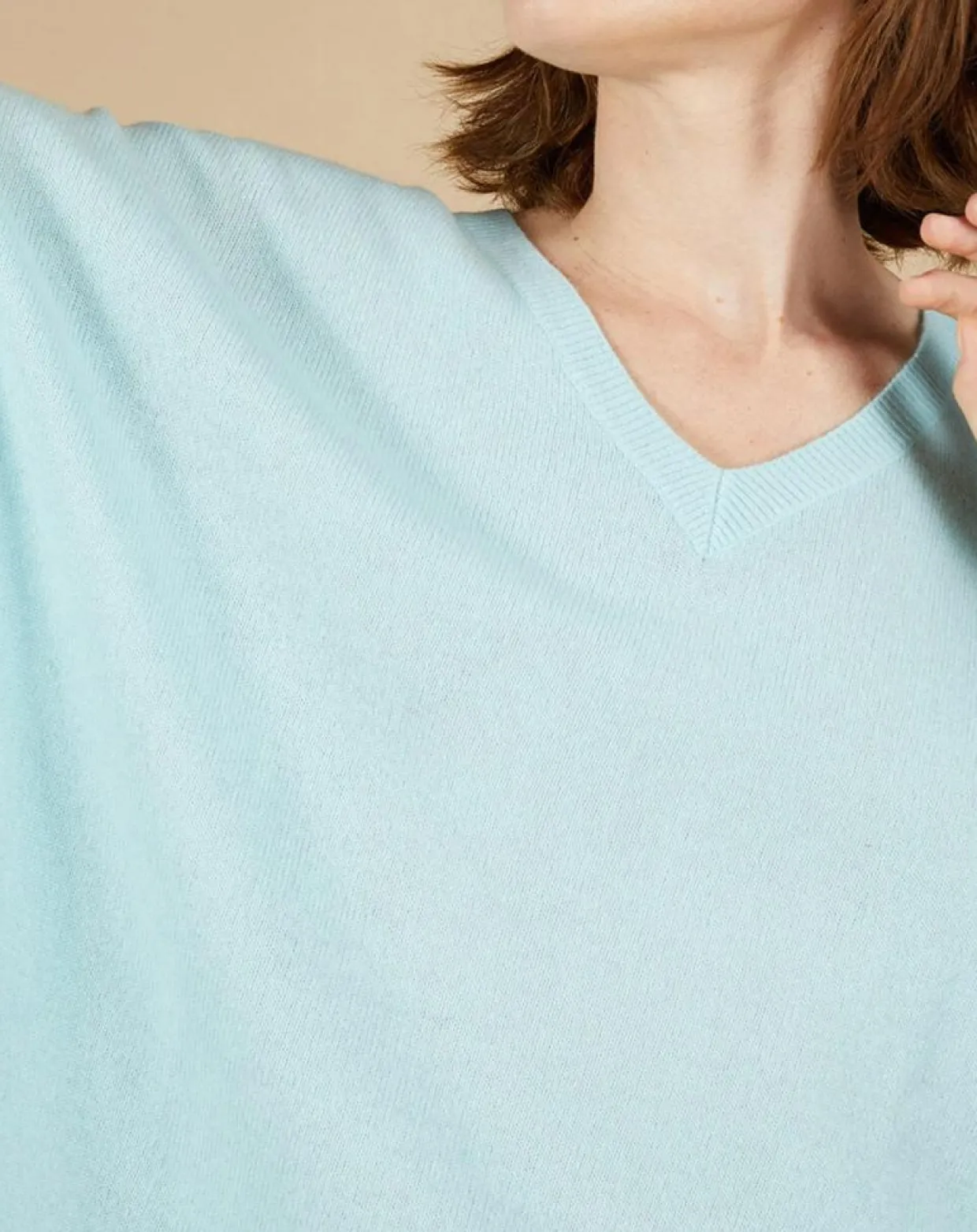 Pull poncho 100% Cachemire Kelly col V manches courtes bleu océan-Cashmere Tribu