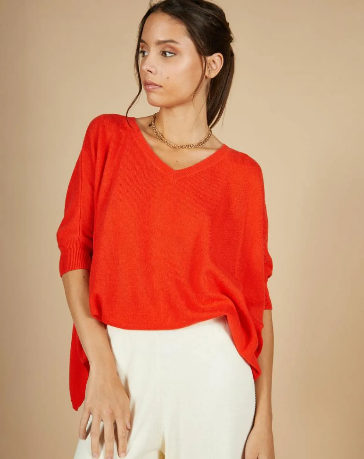 Pull poncho 100% Cachemire Kelly col V manches courtes orange-Cashmere Tribu Discount
