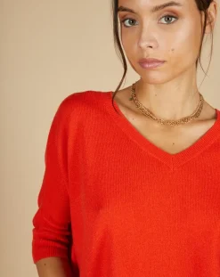 Pull poncho 100% Cachemire Kelly col V manches courtes orange-Cashmere Tribu Discount