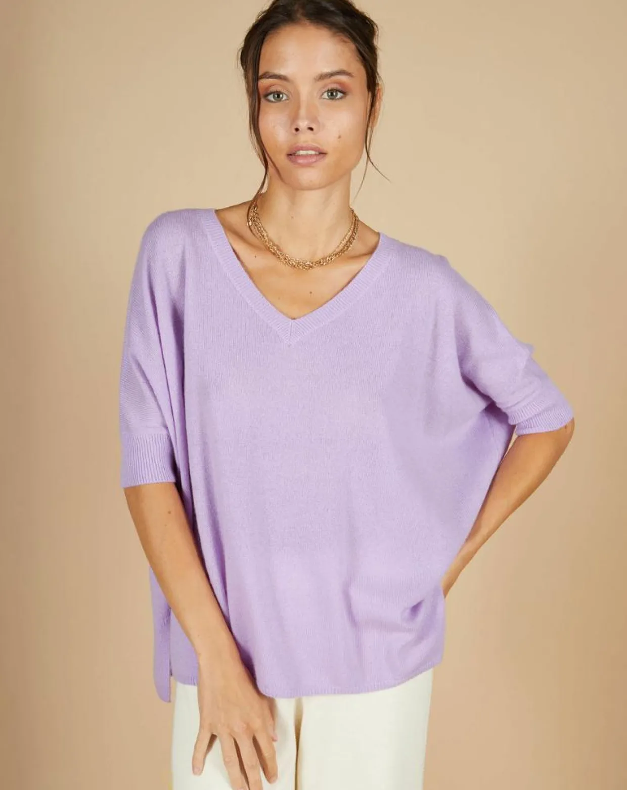 Femme Cashmere Tribu Pulls^Pull poncho 100% Cachemire Kelly col V manches courtes lavande