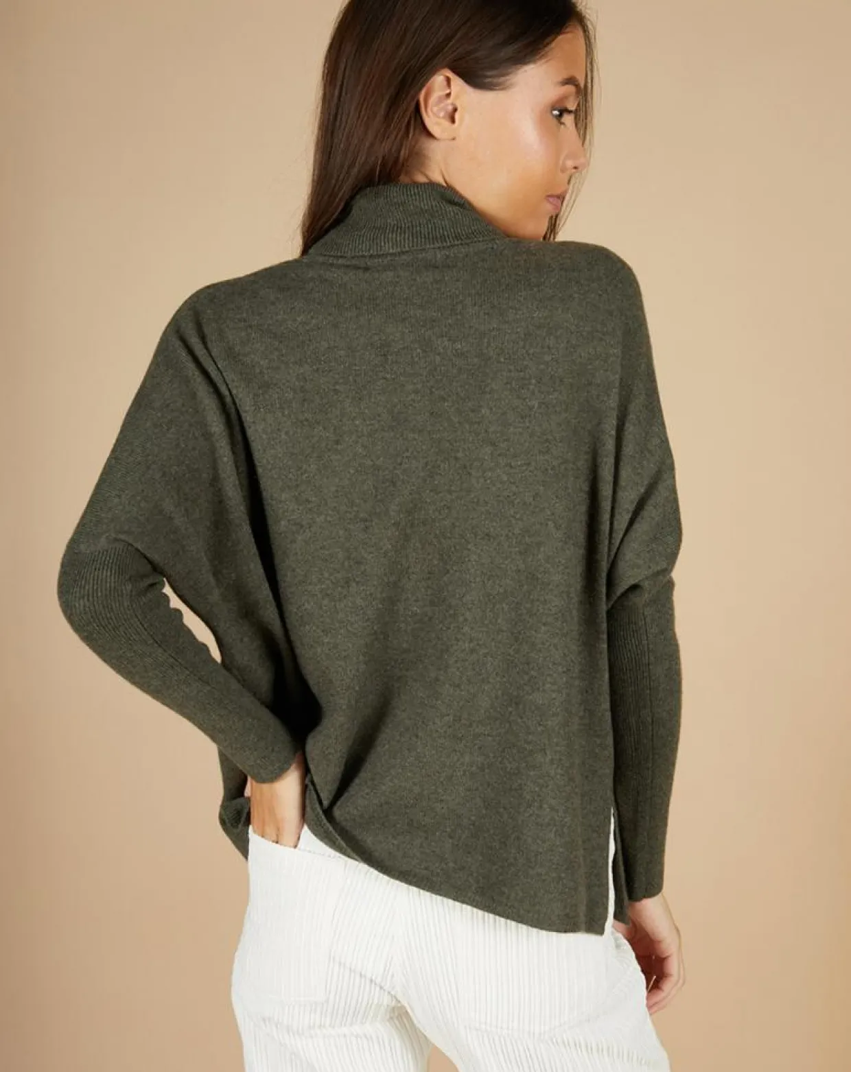 Pull poncho 100% Cachemire Lola col roulé kaki grisé-Cashmere Tribu Online