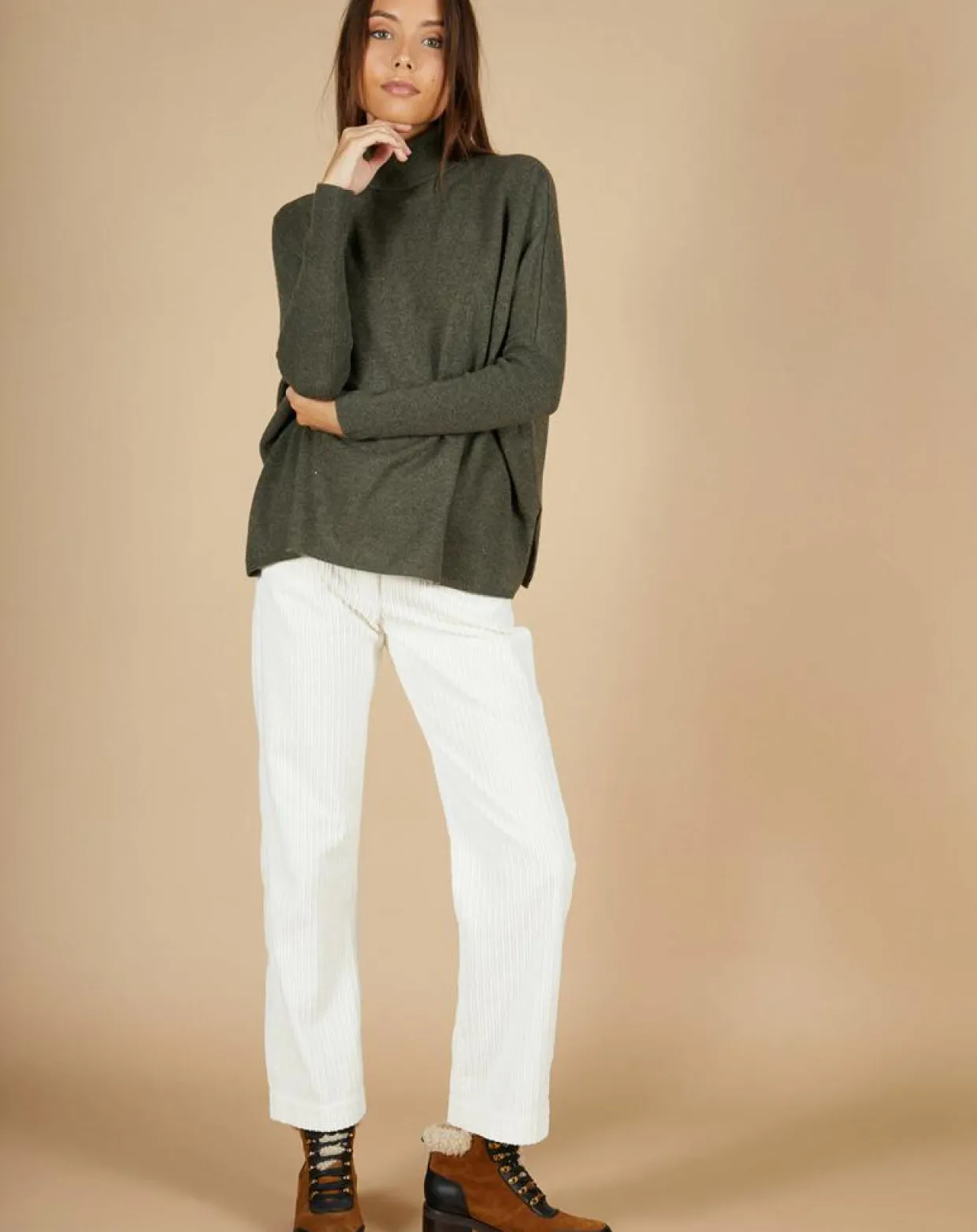 Pull poncho 100% Cachemire Lola col roulé kaki grisé-Cashmere Tribu Online