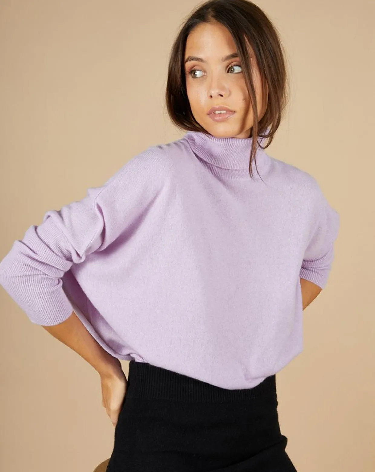 Pull poncho 100% Cachemire Lola col roulé lilas-Cashmere Tribu Discount