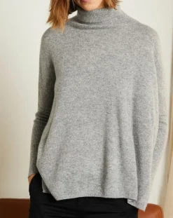 Pull poncho 100% Cachemire Olivia Col roulé gris chiné clair-Miss Cashmere New