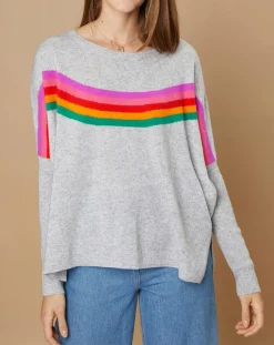 Pull poncho 100% Cachemire Rocky col rond à bandes gris chiné clair-Cashmere Tribu Discount