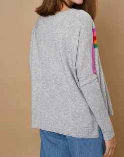 Pull poncho 100% Cachemire Rocky col rond à bandes gris chiné clair-Cashmere Tribu Discount