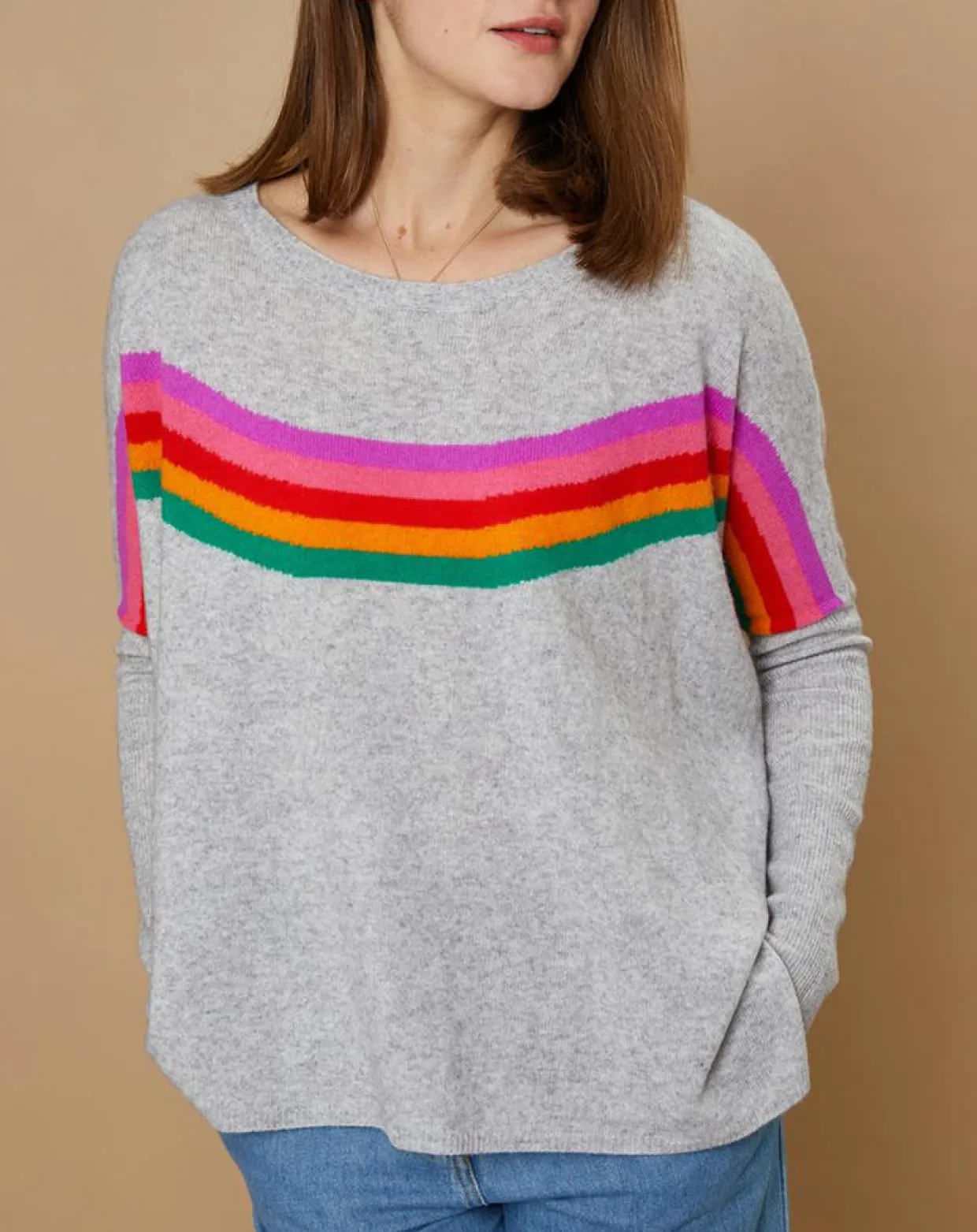 Pull poncho 100% Cachemire Rocky col rond à bandes gris chiné clair-Cashmere Tribu Discount