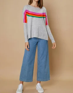 Pull poncho 100% Cachemire Rocky col rond à bandes gris chiné clair-Cashmere Tribu Discount