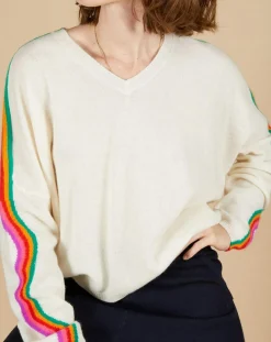 Femme Cashmere Tribu Pulls^Pull poncho 100% Cachemire Wimbow col V à bandes manches blanc cassé