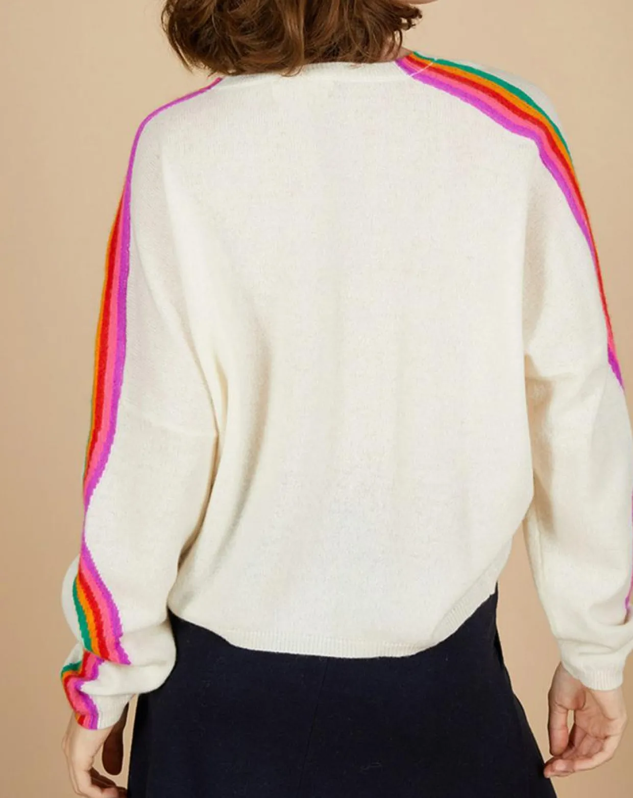 Femme Cashmere Tribu Pulls^Pull poncho 100% Cachemire Wimbow col V à bandes manches blanc cassé