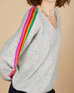 Pull poncho 100% Cachemire Wimbow col V à bandes manches gris chiné clair-Cashmere Tribu Online