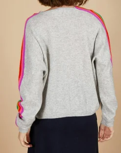 Pull poncho 100% Cachemire Wimbow col V à bandes manches gris chiné clair-Cashmere Tribu Online