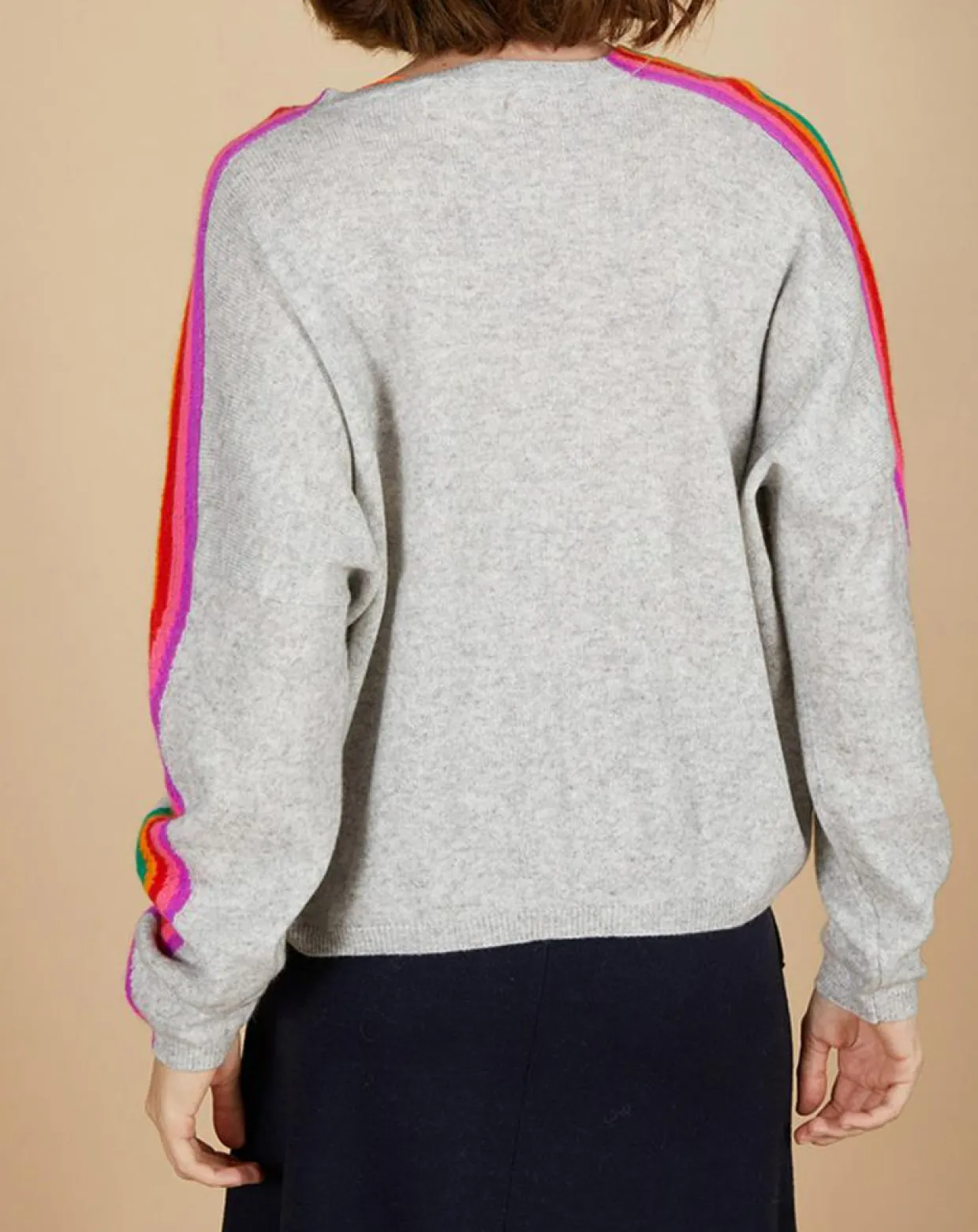 Pull poncho 100% Cachemire Wimbow col V à bandes manches gris chiné clair-Cashmere Tribu Online